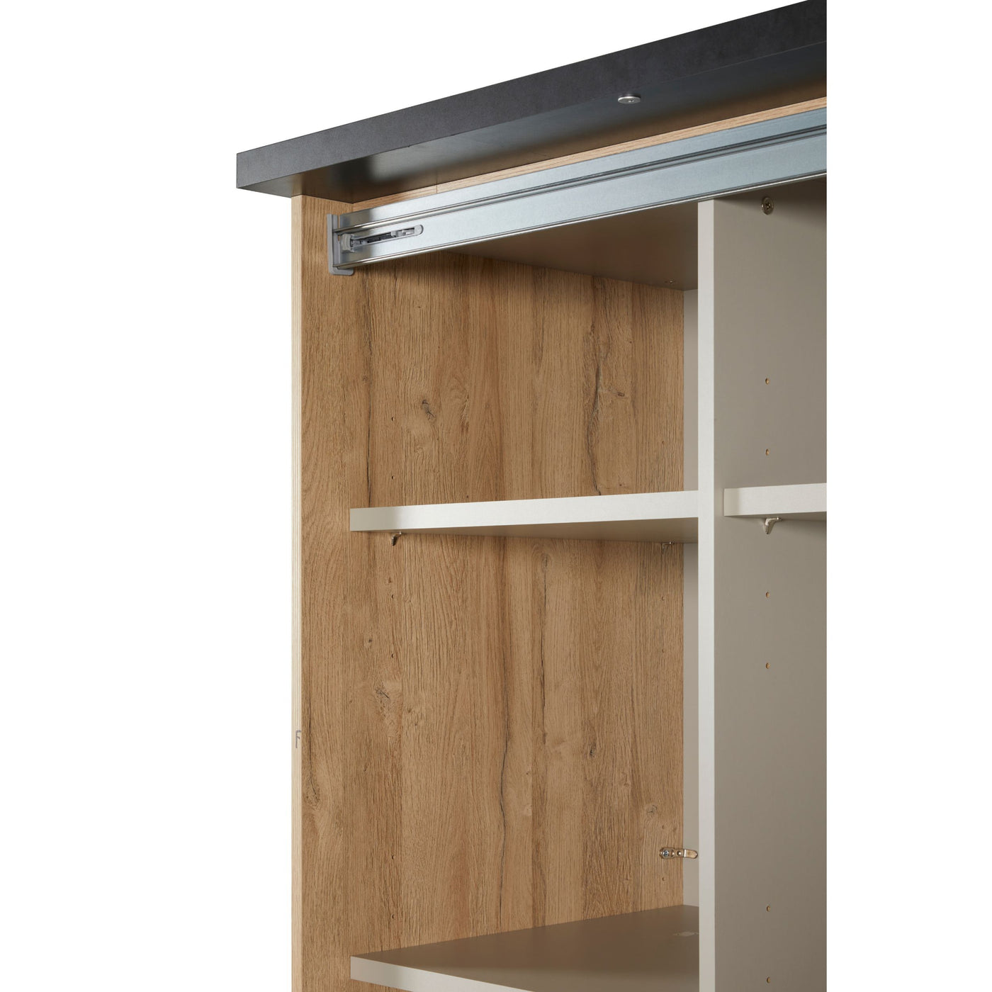 Détail intérieur haut de l'armoire Phaedra : étagères, rail coulissant et fond FRENCH OAK