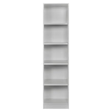 Rangement Systemix en décor papier sur panneaux de particules BLANC / ANTHRACITE, colonne blanche combinant quatre niches ouvertes en partie haute et trois tiroirs à poignées noires, vue de face 