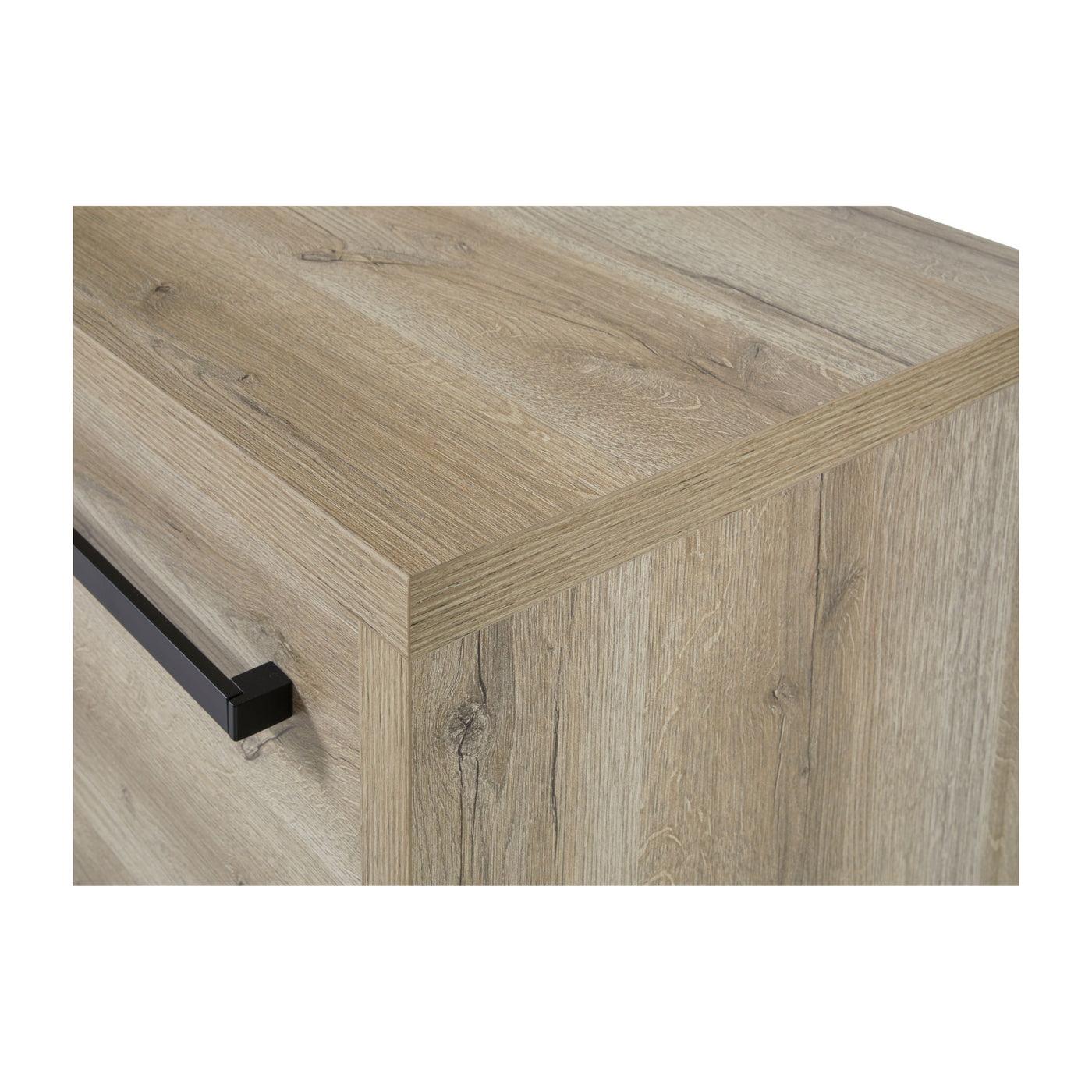 Salle à manger Rico (bi-ton Arizona Oak & Nero), détail de l'angle supérieur chêne clair du meuble TV avec poignée noire