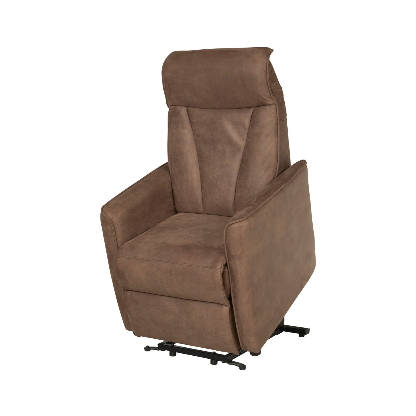 Fauteuil relax Levi en tissu brun foncé, fonction releveur (lift), vue de trois-quarts
