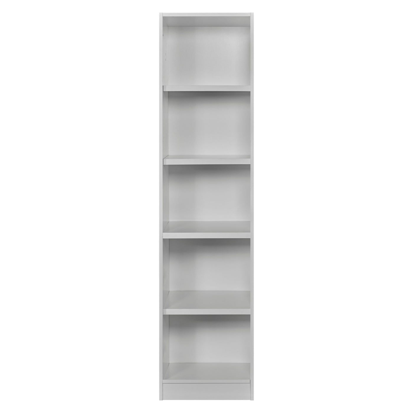 Rangement Systemix en décor papier sur panneaux de particules BLANC / ANTHRACITE, colonne d'étagères ouvertes blanche à cinq niveaux, vue de face