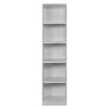 Rangement Systemix en décor papier sur panneaux de particules BLANC / ANTHRACITE, colonne d'étagères ouvertes blanche à cinq niveaux, vue de face
