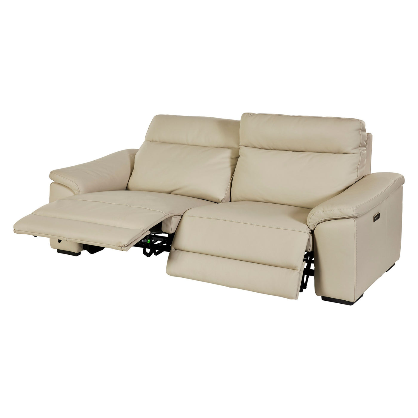Canapé Mirabel 3 places cuir Beige — les deux repose-pieds déployés