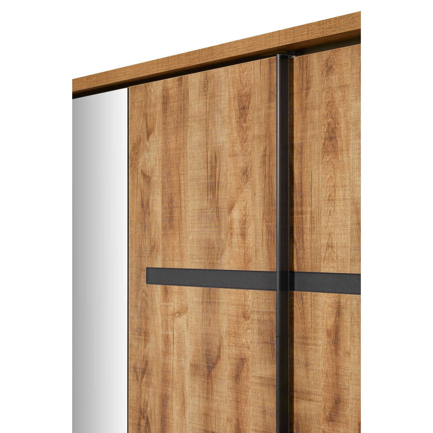 Détail armoire Pauline : porte chêne doré + miroir latéral et montant DARK STONE