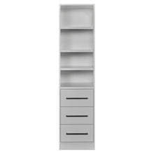 Rangement Systemix en décor papier sur panneaux de particules BLANC / ANTHRACITE, colonne blanche à quatre niches hautes et trois tiroirs à poignées noires, autre vue de face