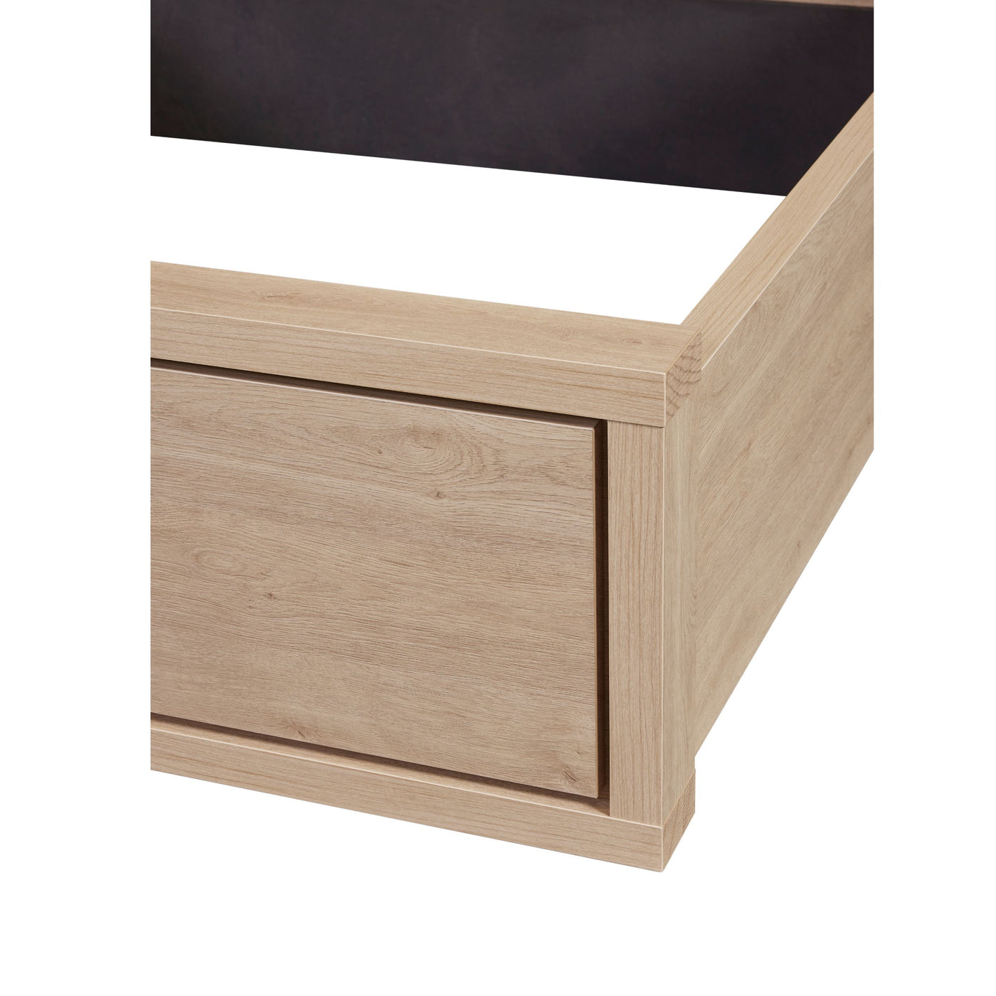 Détail pied de lit Udine URBAN OAK avec panneau de rangement intégré