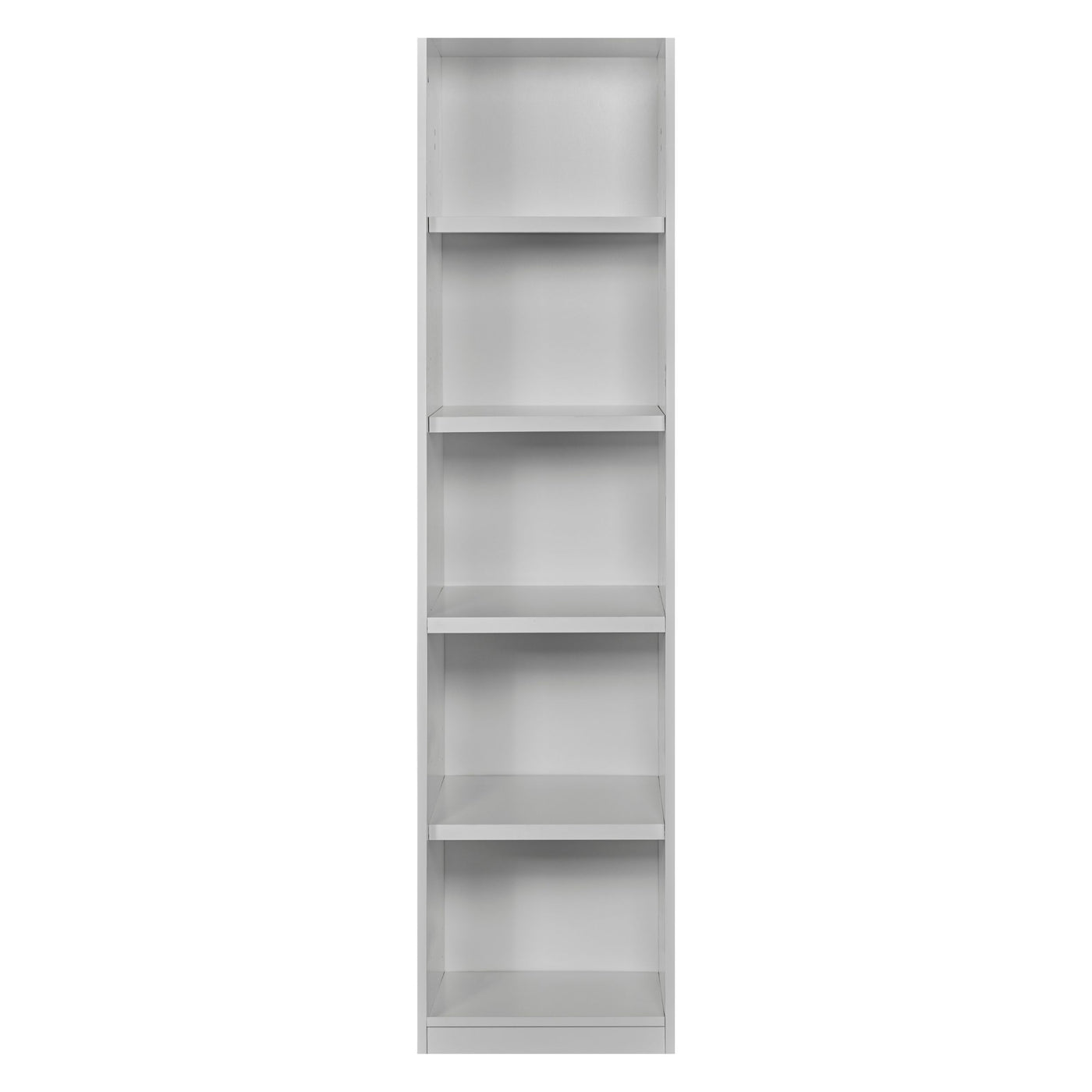 Rangement Systemix en décor papier sur panneaux de particules BLANC / ANTHRACITE, colonne mixte blanche avec niches ouvertes et bloc de trois tiroirs à poignées noires, vue de face