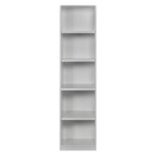 Rangement Systemix en décor papier sur panneaux de particules BLANC / ANTHRACITE, colonne mixte blanche avec niches ouvertes et bloc de trois tiroirs à poignées noires, vue de face