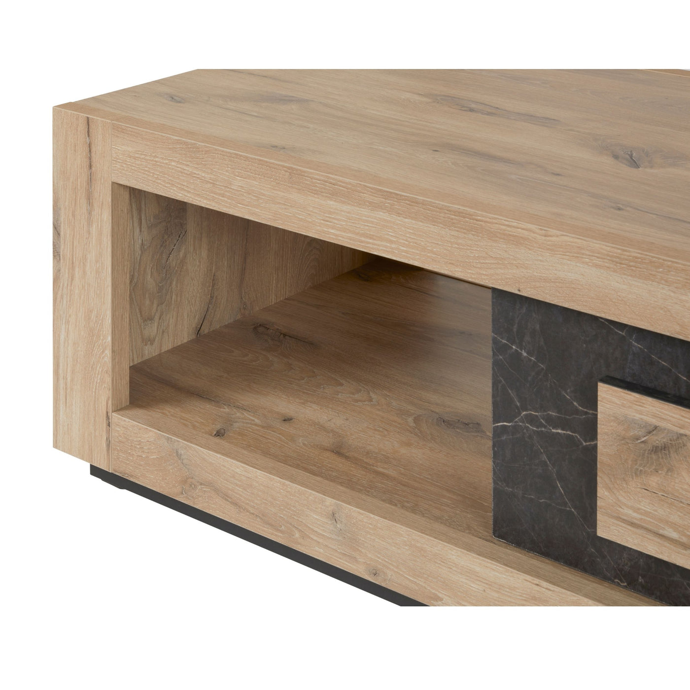 Salle à manger Sacha (Canyon Oak / Marmer / Nox), table basse détail niche ouverte intérieur chêne