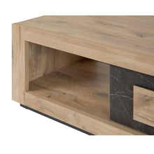 Salle à manger Sacha (Canyon Oak / Marmer / Nox), table basse détail niche ouverte intérieur chêne