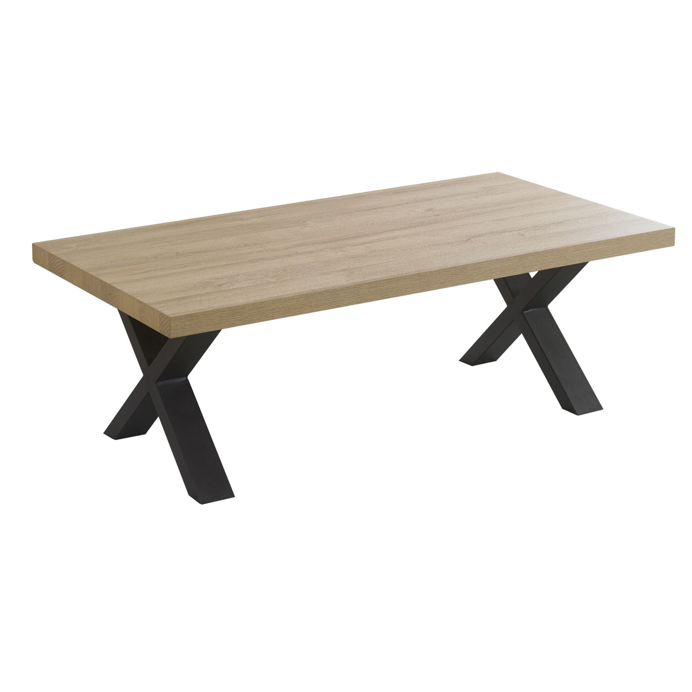 Salle à manger Marnix (French Oak), table basse à piétement X métal noir, packshot trois quarts