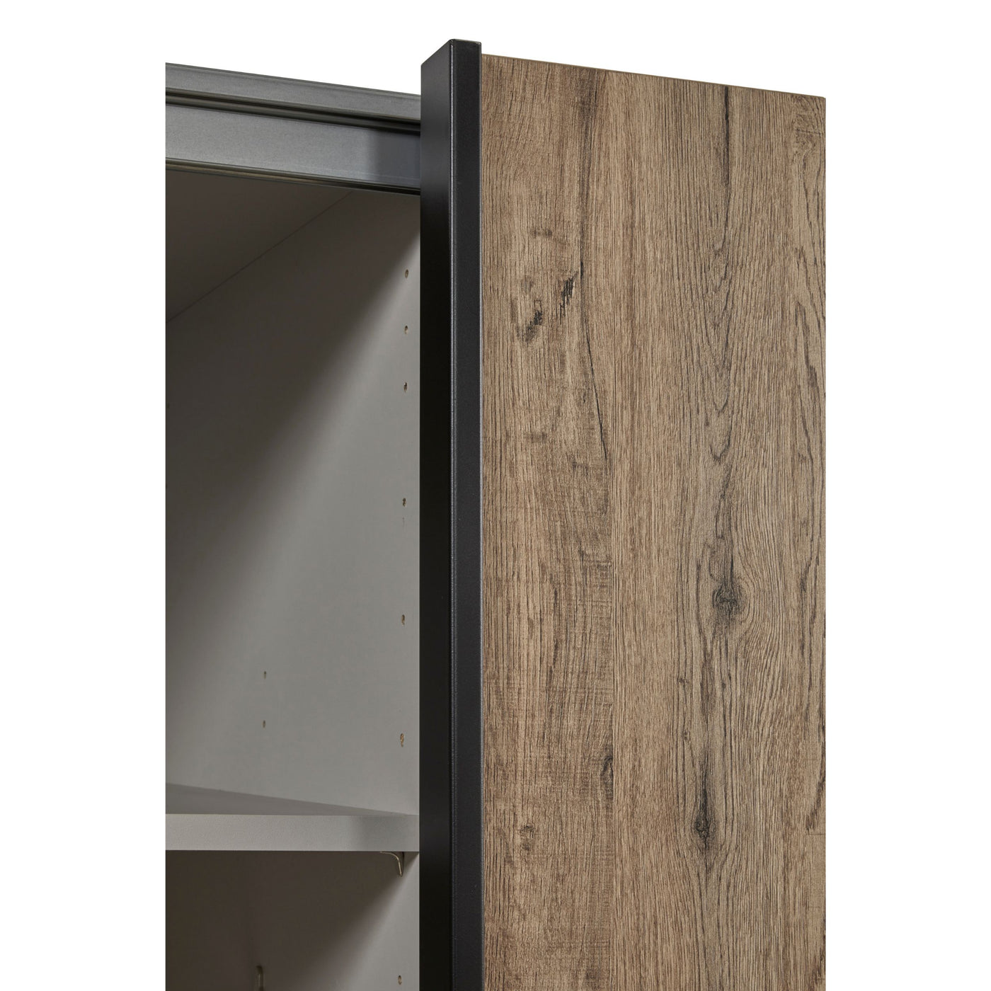 Profil de porte coulissante Olivia SCARLET OAK vu de l'intérieur, rail aluminium et étagère