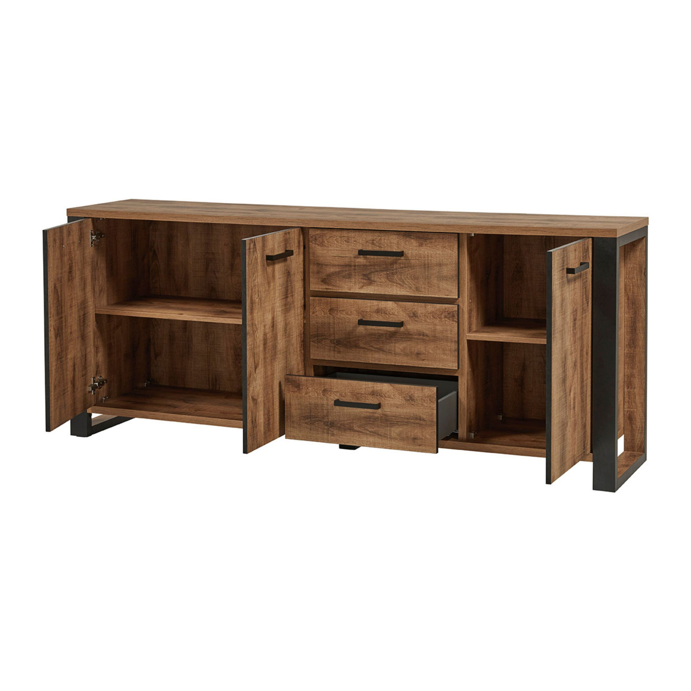 Salle à manger Onno (décor TROPIX), grand bahut buffet portes ouvertes et tiroir sorti montrant les rangements intérieurs