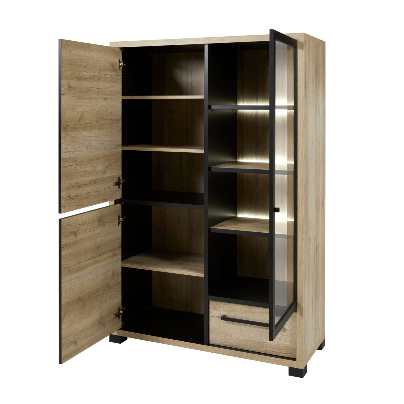 Salle à manger Rico (bi-ton Arizona Oak & Nero), vitrine LED toutes portes ouvertes révélant étagères éclairées et rangements 