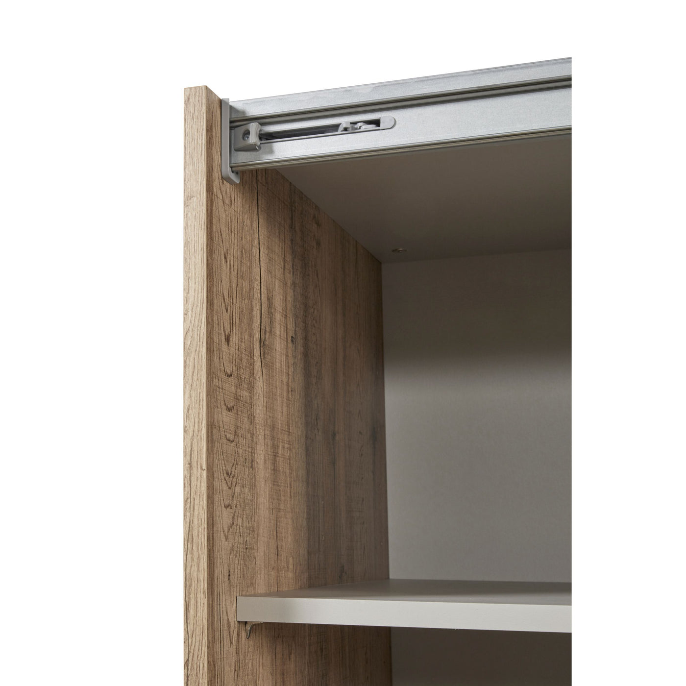 Coin supérieur armoire Olivia : rail coulissant aluminium et première étagère intérieure