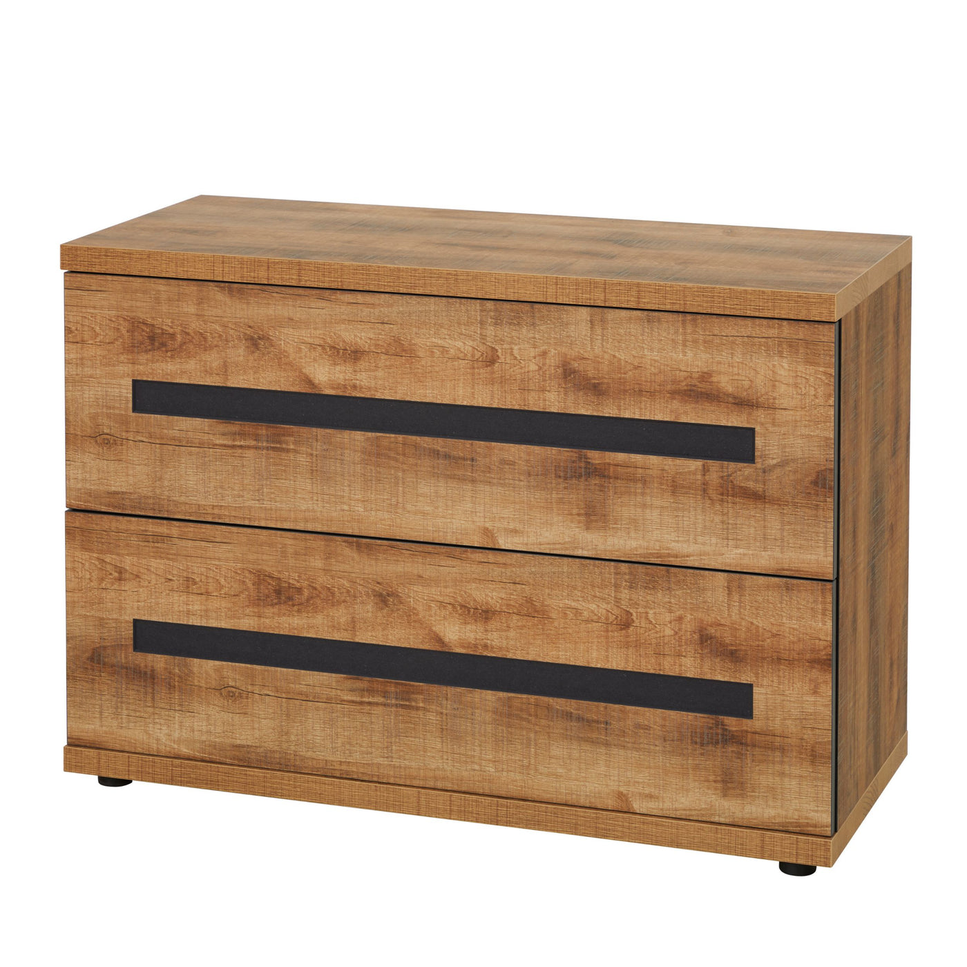 Commode Pauline 2 tiroirs fermés, décor chêne doré et poignées DARK STONE