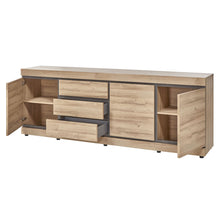Salle à manger Marnix (French Oak), grand bahut ouvert montrant portes, tiroirs et étagères intérieures