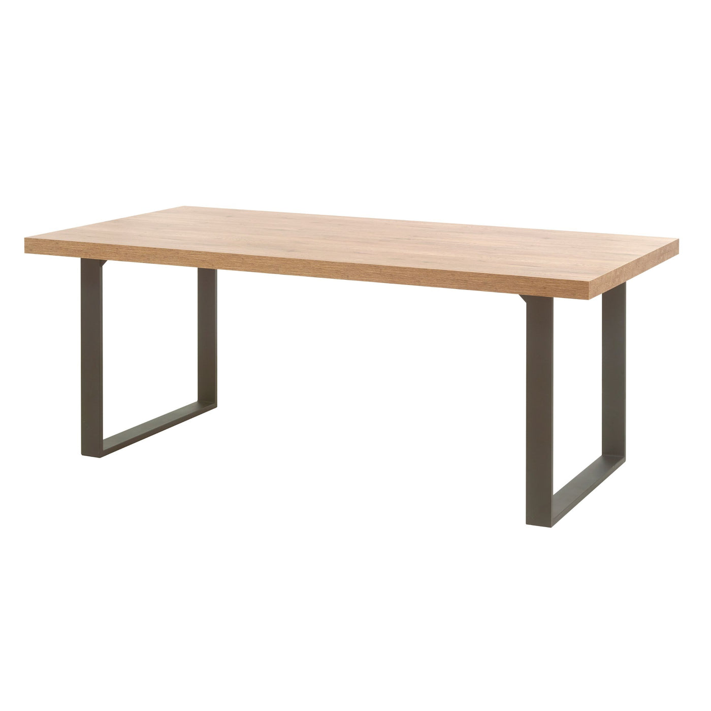 Salle à manger Onno (décor TROPIX), table à manger au plateau bois clair sur piétement métal en U, vue trois-quarts sur fond blanc
