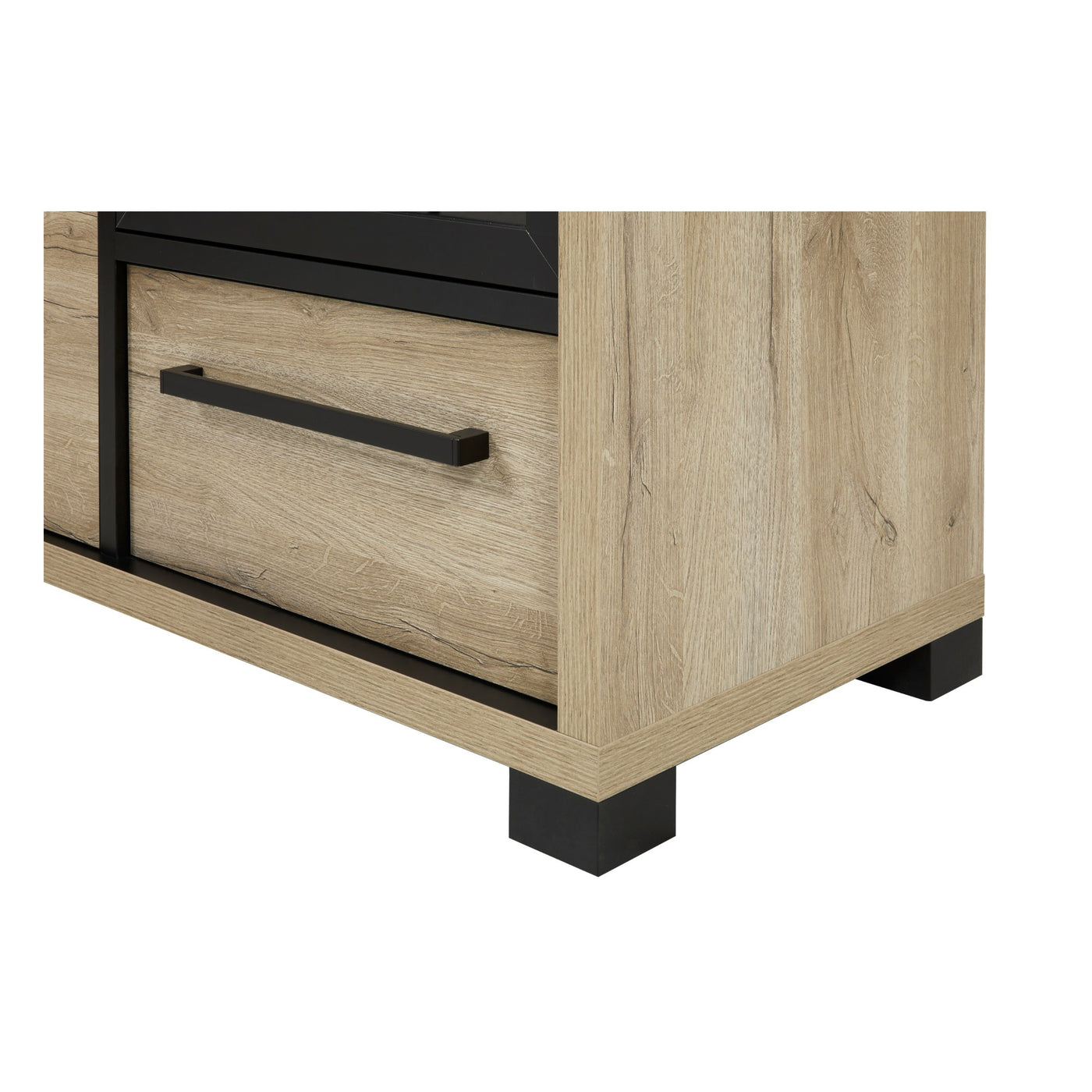 Salle à manger Rico (bi-ton Arizona Oak & Nero), détail du tiroir bas et du pied carré noir de la vitrine
