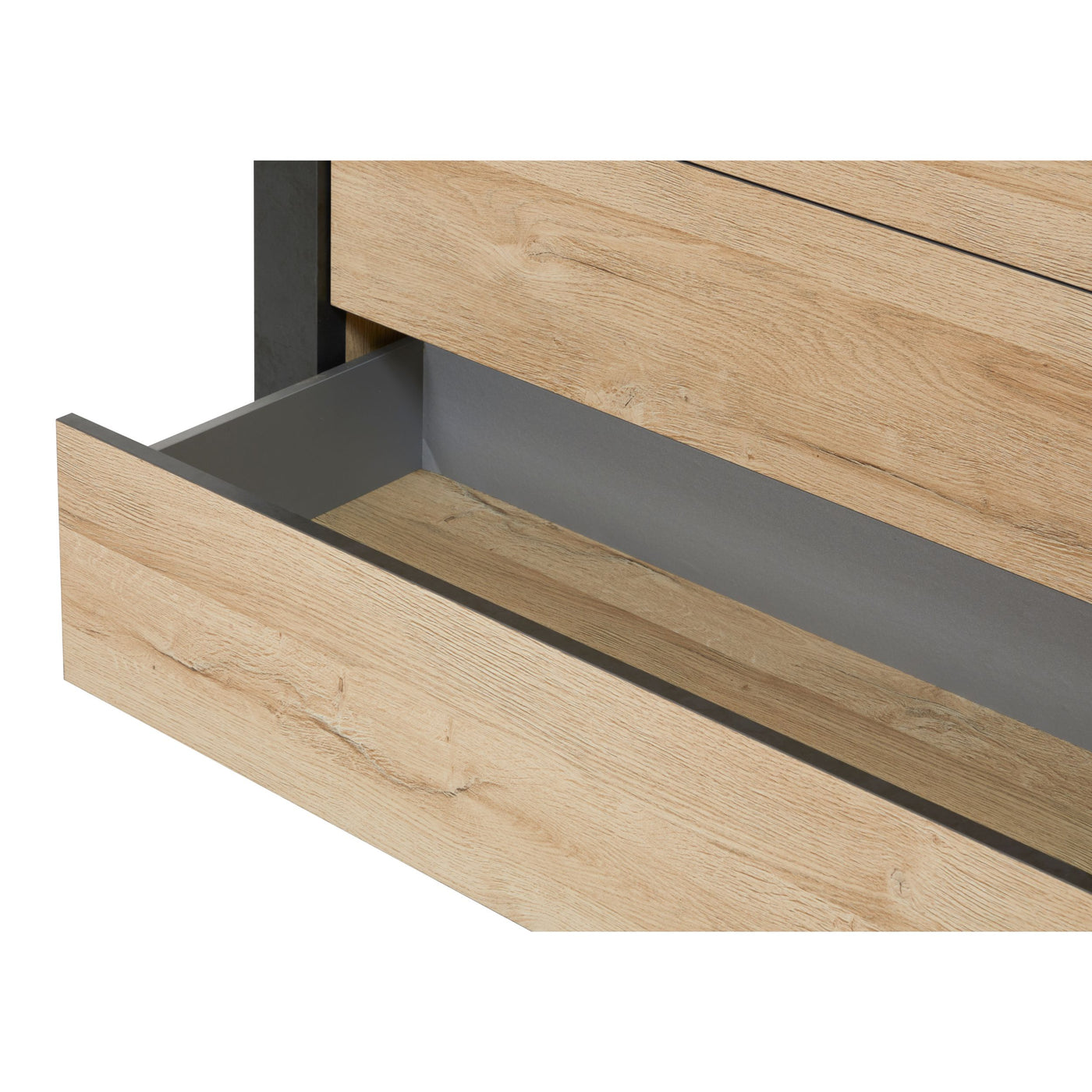 Détail tiroir commode Phaedra ouvert : façade FRENCH OAK, intérieur NOX