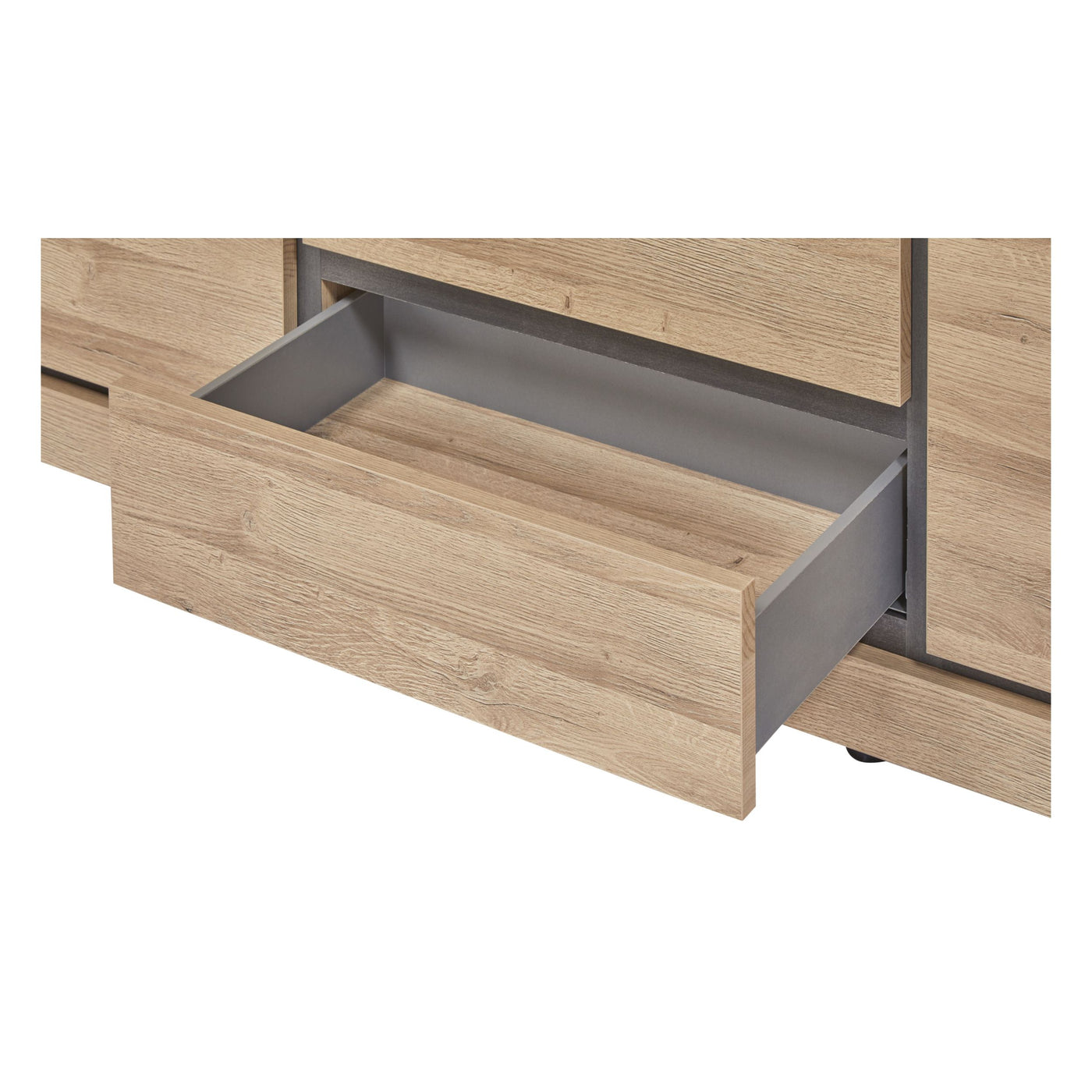 Salle à manger Marnix (French Oak), détail d'un tiroir ouvert du bahut avec caisson gris anthracite