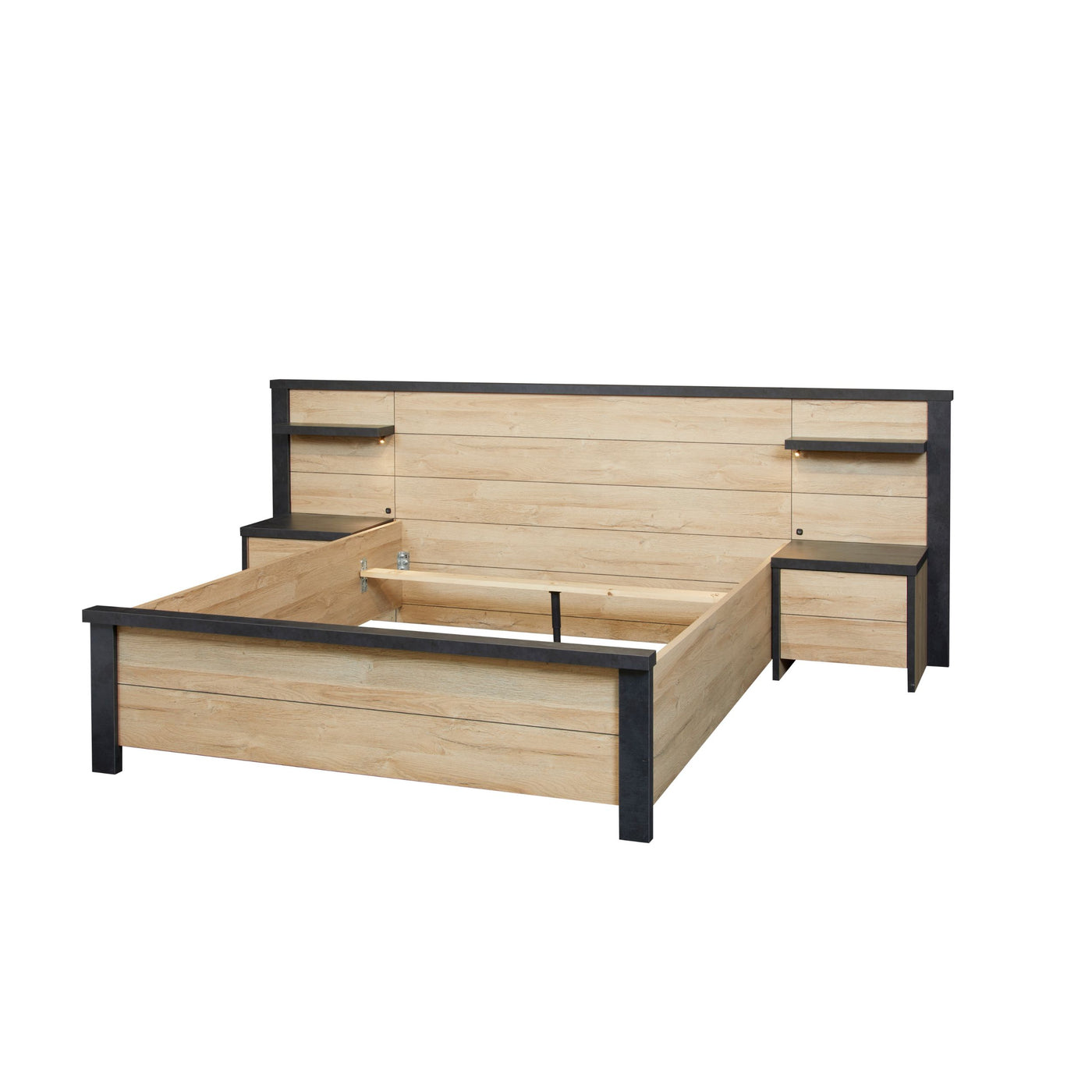 Détail pied de lit Phaedra : montant NOX et panneau de caisson FRENCH OAK 