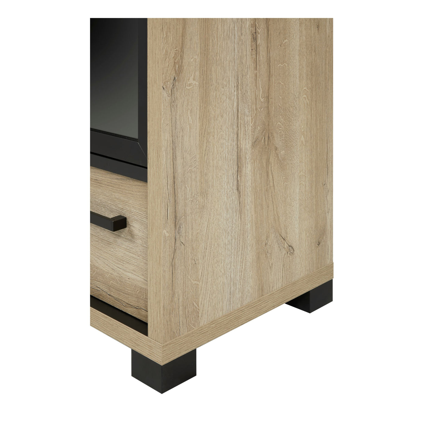 Salle à manger Rico (bi-ton Arizona Oak & Nero), profil de la vitrine chêne clair avec tiroir et pieds carrés noirs