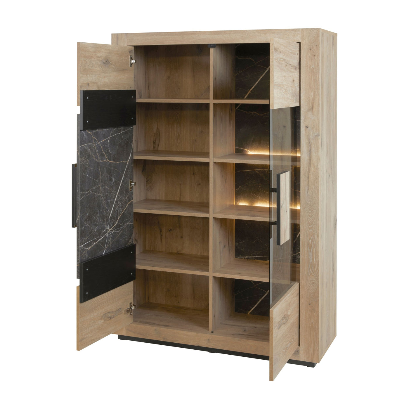 Salle à manger Sacha (Canyon Oak / Marmer / Nox), vitrine deux portes ouvertes intérieur chêne éclairage LED et fond marbre Nox