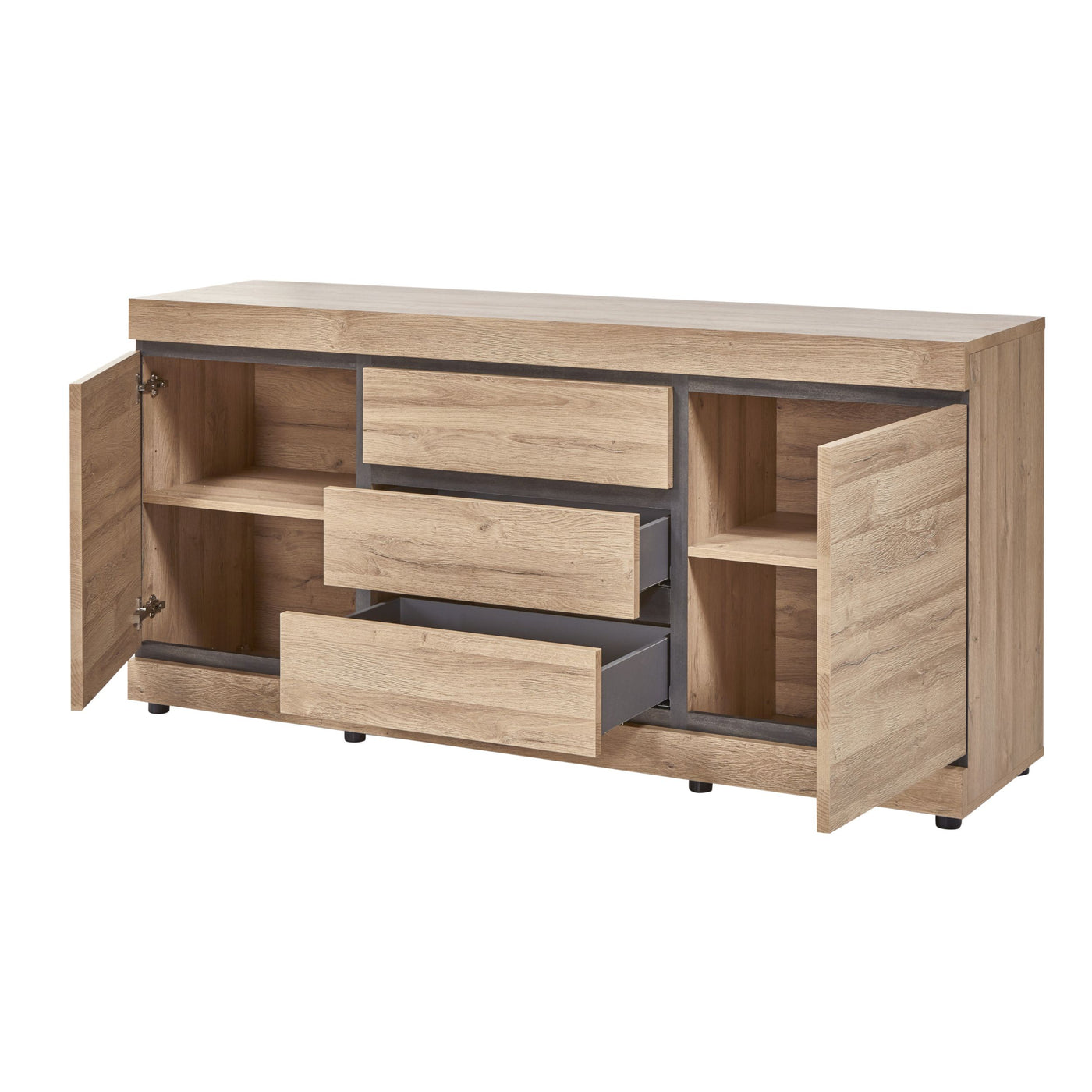 Salle à manger Marnix (French Oak), bahut ouvert montrant trois tiroirs, portes et niches de rangement