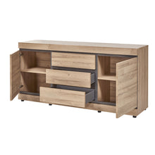Salle à manger Marnix (French Oak), bahut ouvert montrant trois tiroirs, portes et niches de rangement