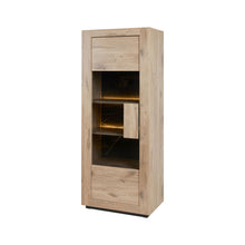 Salle à manger Sacha (Canyon Oak / Marmer / Nox), élément colonne vitrine porte ouverte étagères chêne