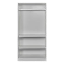 Rangement Systemix en décor papier sur panneaux de particules BLANC / ANTHRACITE, grande composition blanche d'étagères ouvertes associée à une colonne de trois tiroirs, vue de face