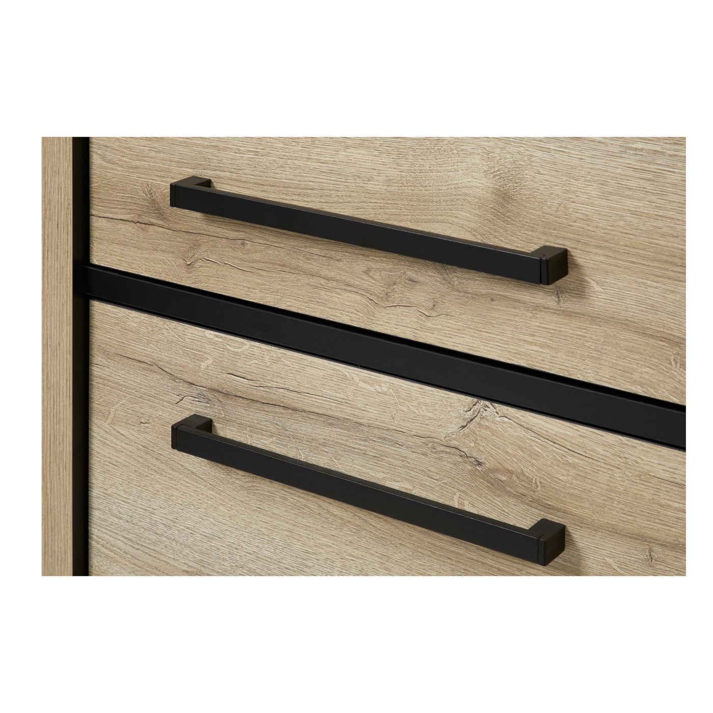 Salle à manger Rico (bi-ton Arizona Oak & Nero), gros plan sur deux poignées barre noires sur façade chêne clair