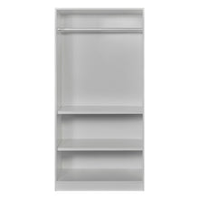 Rangement Systemix en décor papier sur panneaux de particules BLANC / ANTHRACITE, vue d'ensemble de tous les modules alignés montrant armoires, penderies, étagères et tiroirs du système