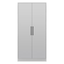  Rangement Systemix en décor papier sur panneaux de particules BLANC / ANTHRACITE, ensemble de trois modules de face avec armoire une porte, colonne à niches et tiroirs et bibliothèque ouverte 