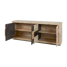 Salle à manger Sacha (Canyon Oak / Marmer / Nox), bahut portes ouvertes intérieur chêne et étagères