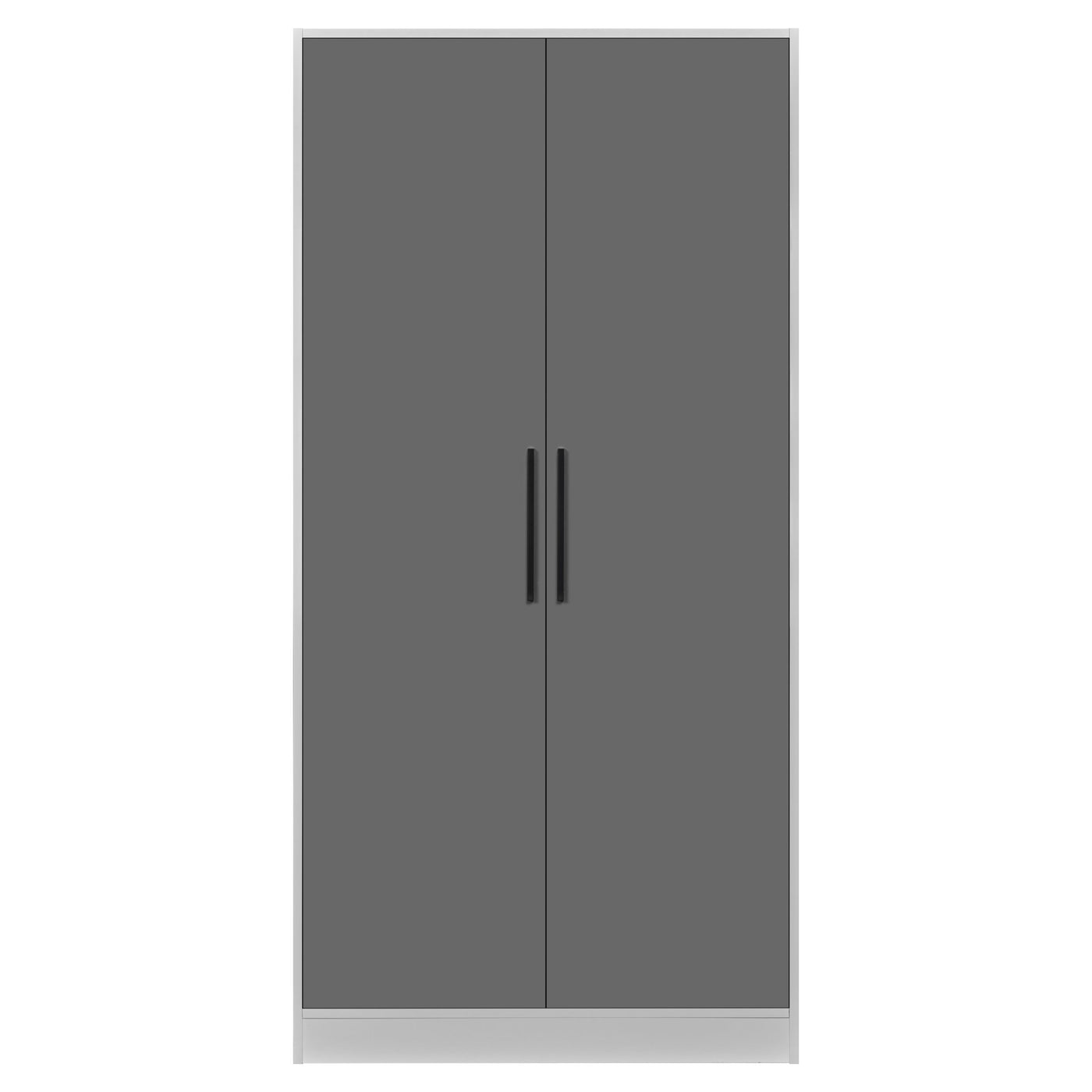 Rangement Systemix en décor papier sur panneaux de particules BLANC / ANTHRACITE, armoire deux portes anthracite fermée à poignées noires sur caisson blanc, vue de face