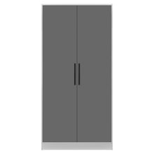 Rangement Systemix en décor papier sur panneaux de particules BLANC / ANTHRACITE, armoire deux portes anthracite fermée à poignées noires sur caisson blanc, vue de face