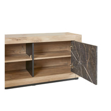 Salle à manger Sacha (Canyon Oak / Marmer / Nox), bahut détail porte marbre Nox ouverte sur charnières et étagères chêne