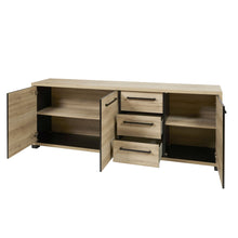 Salle à manger Rico (bi-ton Arizona Oak & Nero), grand bahut portes et tiroirs ouverts révélant étagères et rangements intérieurs 