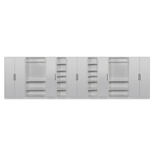 Rangement Systemix en décor papier sur panneaux de particules BLANC / ANTHRACITE, vue d'ensemble de tous les modules alignés : armoires, penderies, étagères ouvertes et colonnes de tiroirs 