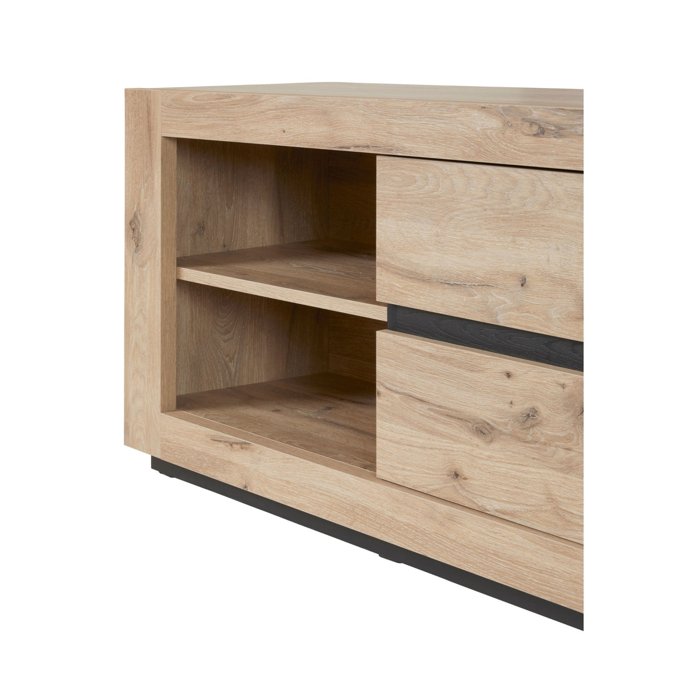 Salle à manger Sacha (Canyon Oak / Marmer / Nox), meuble TV détail niche ouverte et tiroirs chêne