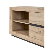 Salle à manger Sacha (Canyon Oak / Marmer / Nox), meuble TV détail niche ouverte et tiroirs chêne