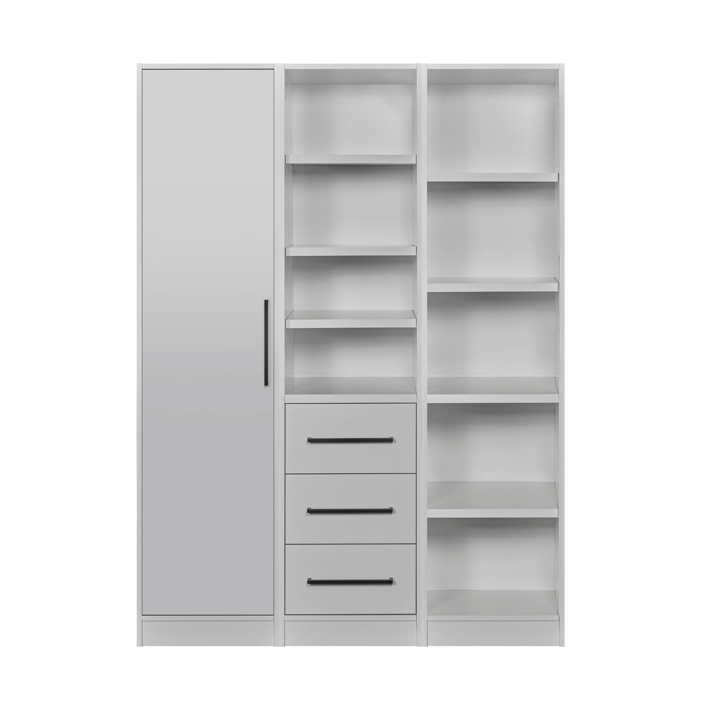 Rangement Systemix en décor papier sur panneaux de particules BLANC / ANTHRACITE, trois modules blancs juxtaposés : armoire une porte, colonne de tiroirs et bibliothèque ouverte, vue de face