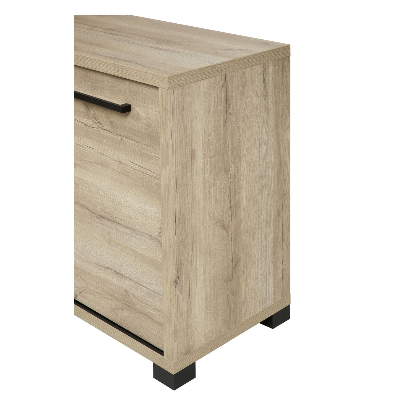 Salle à manger Rico (bi-ton Arizona Oak & Nero), profil du buffet chêne clair avec porte à poignée noire et pieds carrés