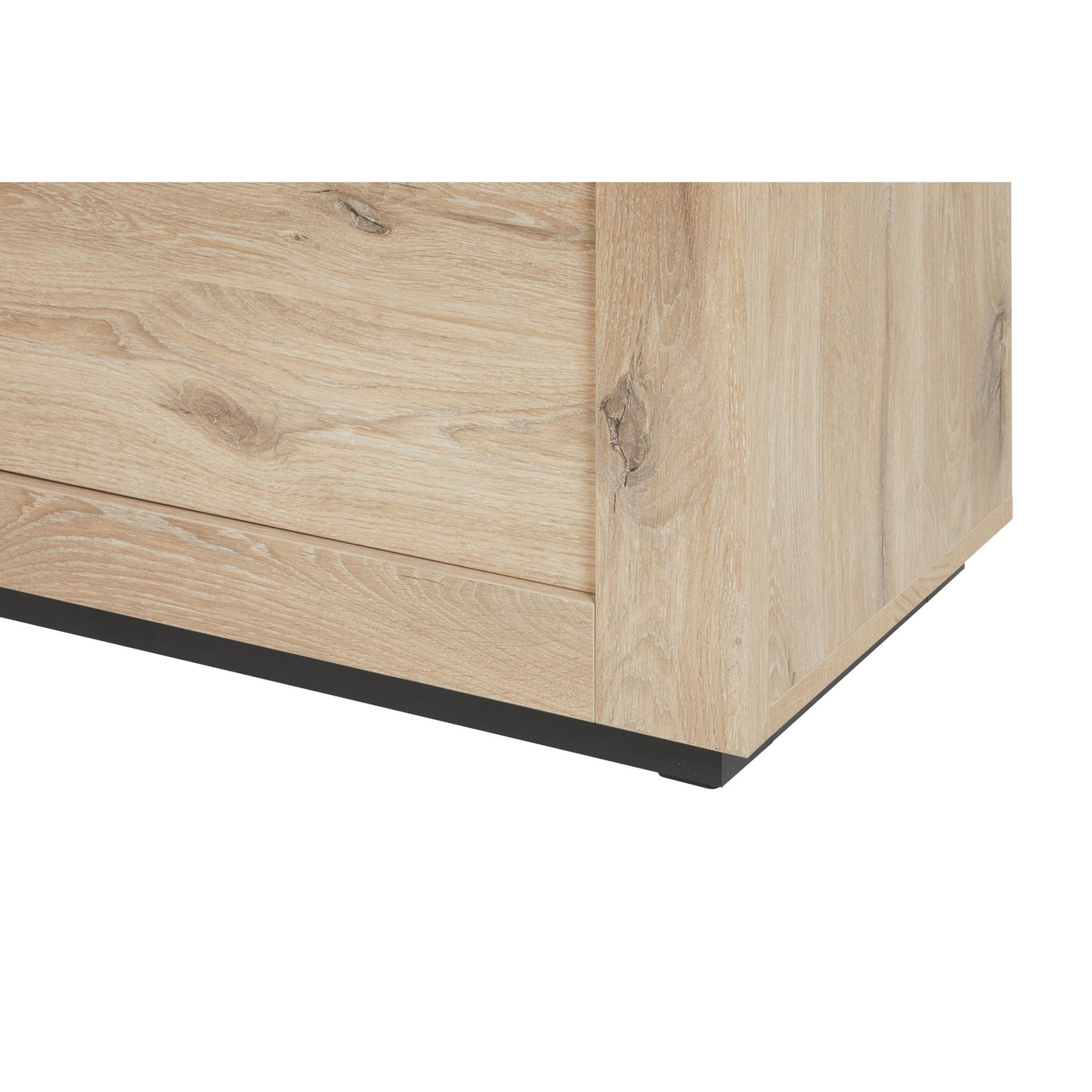Salle à manger Sacha (Canyon Oak / Marmer / Nox), détail angle inférieur chêne et plinthe noire
