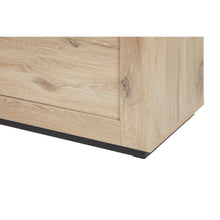 Salle à manger Sacha (Canyon Oak / Marmer / Nox), détail angle inférieur chêne et plinthe noire