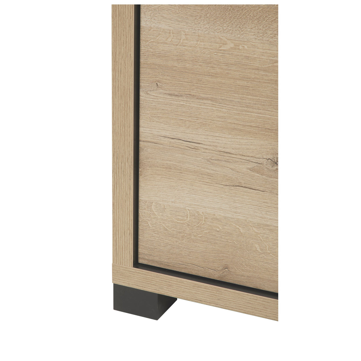 Salle à manger Rico (bi-ton Arizona Oak & Nero), détail du bas du bahut avec liseré noir et pied carré