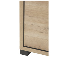 Salle à manger Rico (bi-ton Arizona Oak & Nero), détail du bas du bahut avec liseré noir et pied carré