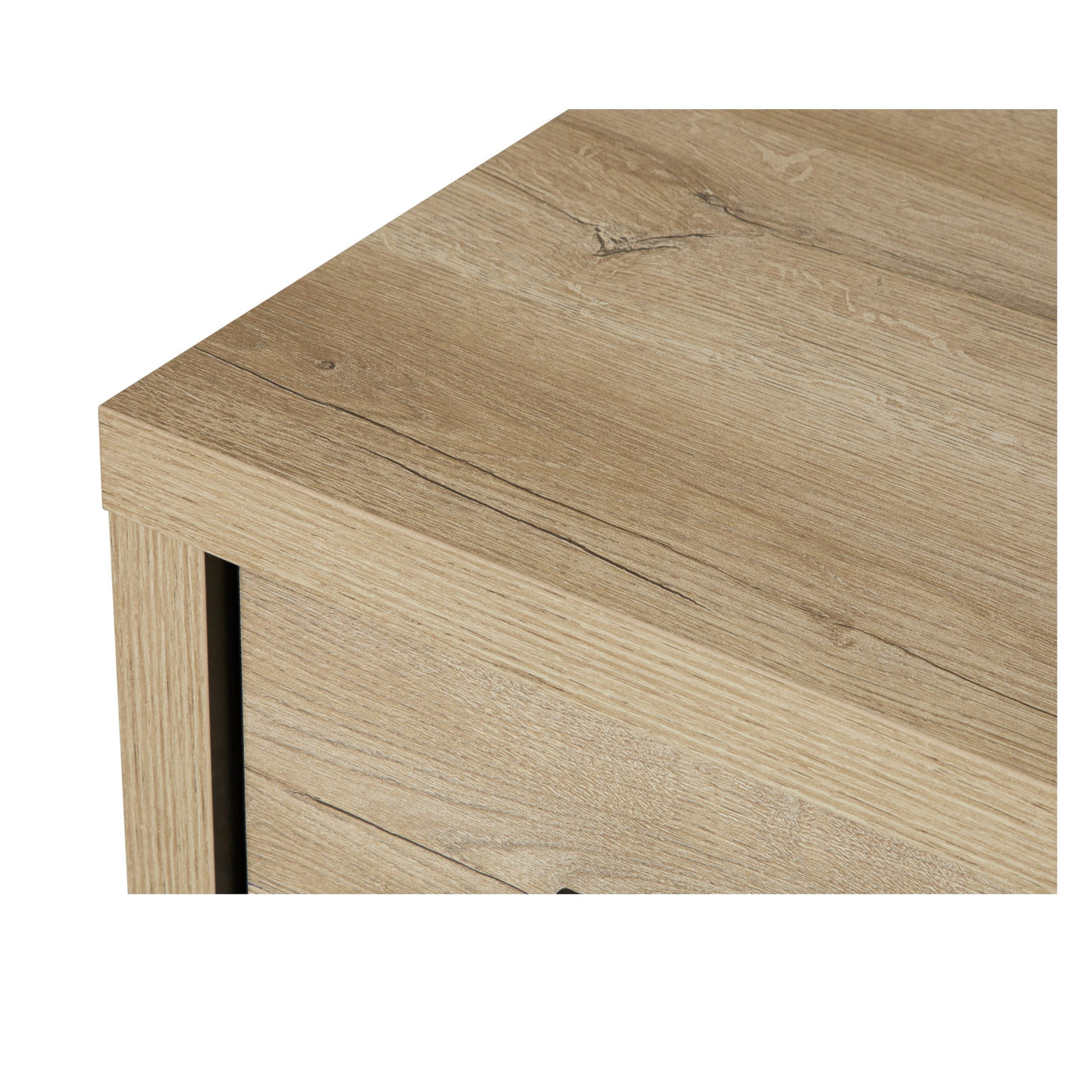 Salle à manger Rico (bi-ton Arizona Oak & Nero), détail de l'angle supérieur chêne clair du bahut mélaminé